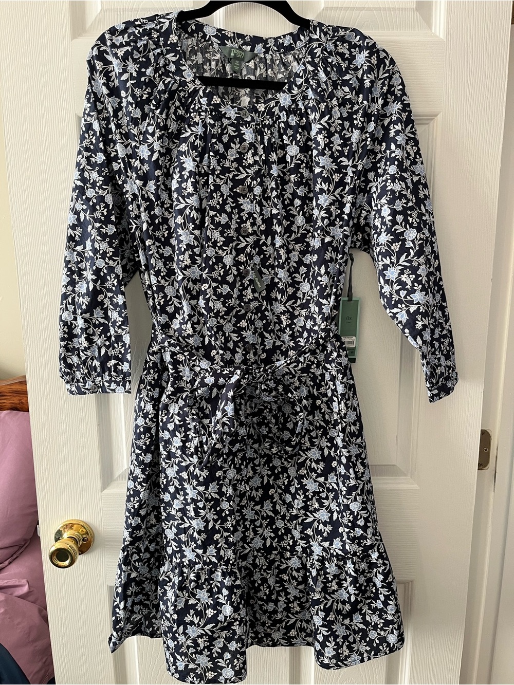 Terra & Sky Navy and White Floral Tie-Waist Long Sleeve Dress